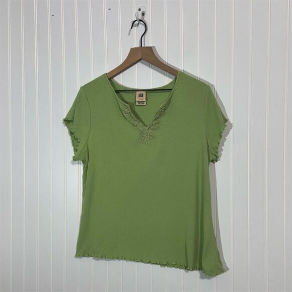 Faded Glory Women’s Plus Green Ribbed Cotton V-Neck Top Sz 18W/20W Crochet Trim - Picture 1 of 9